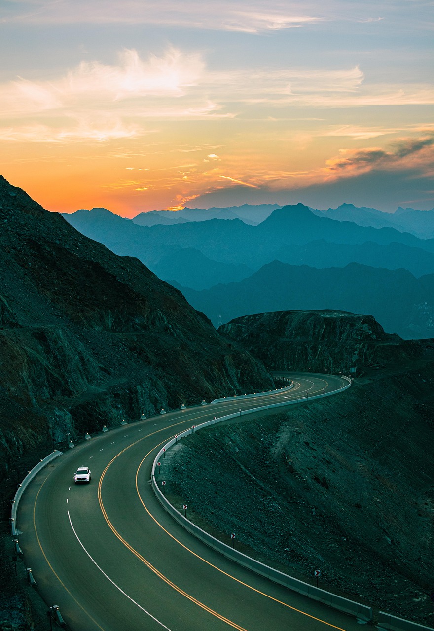 road, mountain, landscape, car wallpapers, infrastructure, nature, hill, sky, sunset, curvy, curve, highway, trip, car
